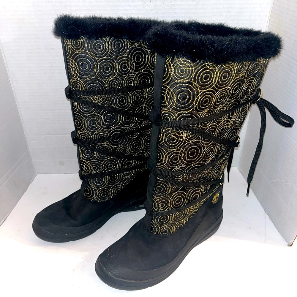 Timberland Embroidered Wheat Black/Gold Mid Calf Fur Lined Winter Boots Women 8M